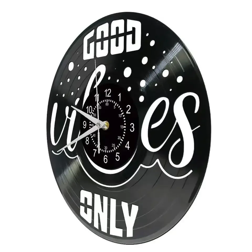 Good Vibes Only Vinyl Record Wall Clock Positive Quotes Laser Cut Longplay Bedroom Wall Decor Clock Mindfulness New Home Gift