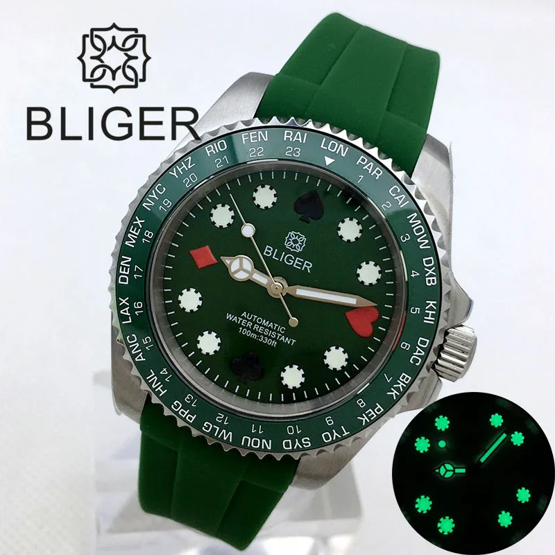 BLIGER New Poker Pattern Green Automatic Men Watch 24 Jewels NH35A Movement Curved End Rubber Band Date Cyclop Screwdown Crown