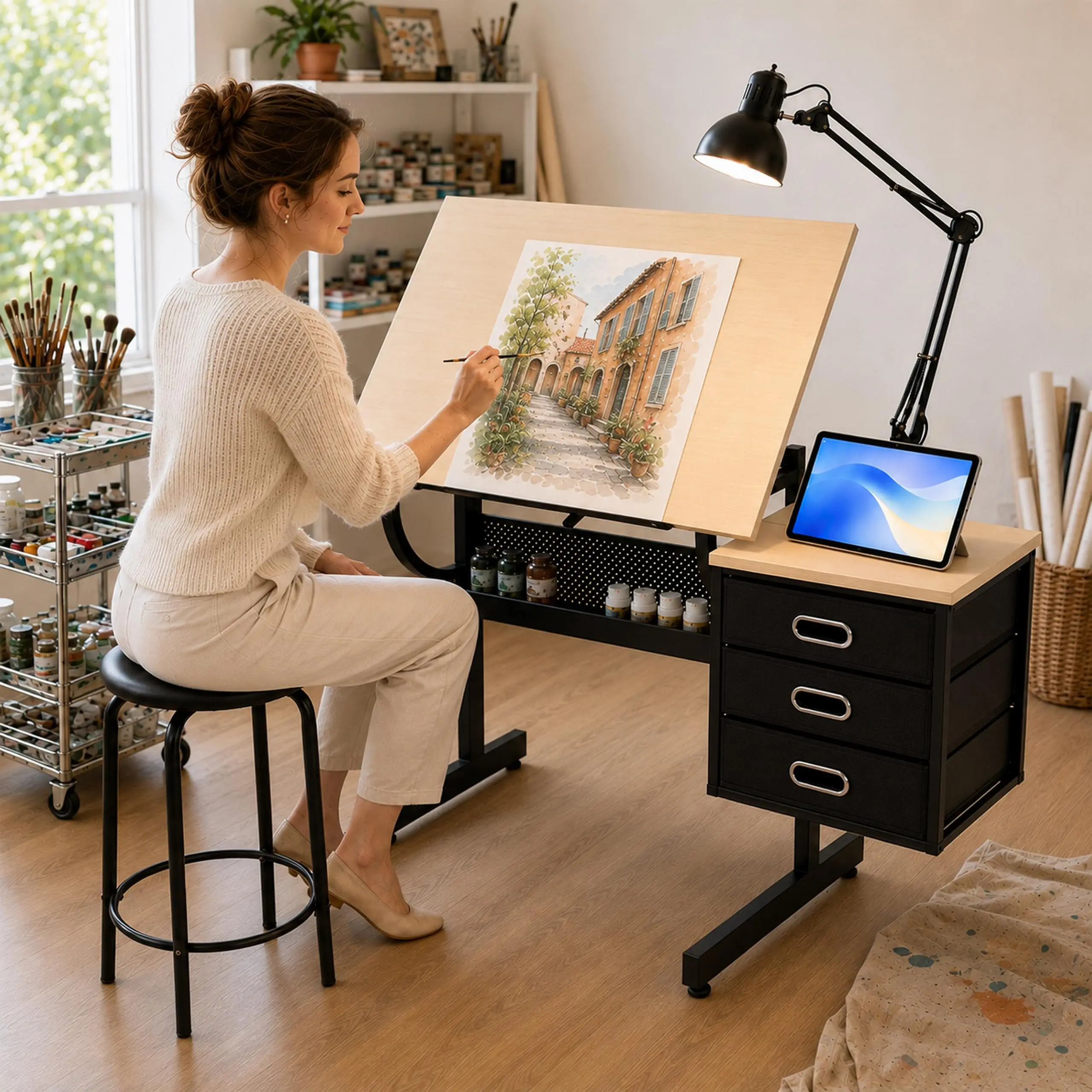 Artist Desks, Drafting Table with Stool & 3 Storage Ders, Maple