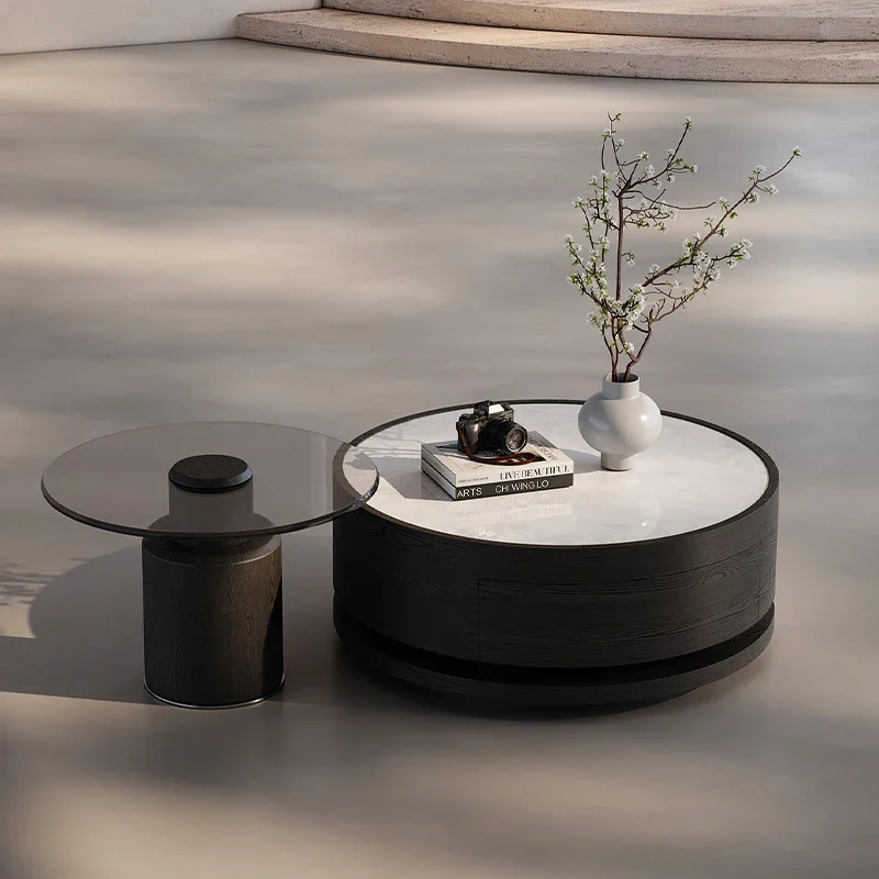 

New style simple stone round coffee table combination rotating small apartment light luxury modern living room home