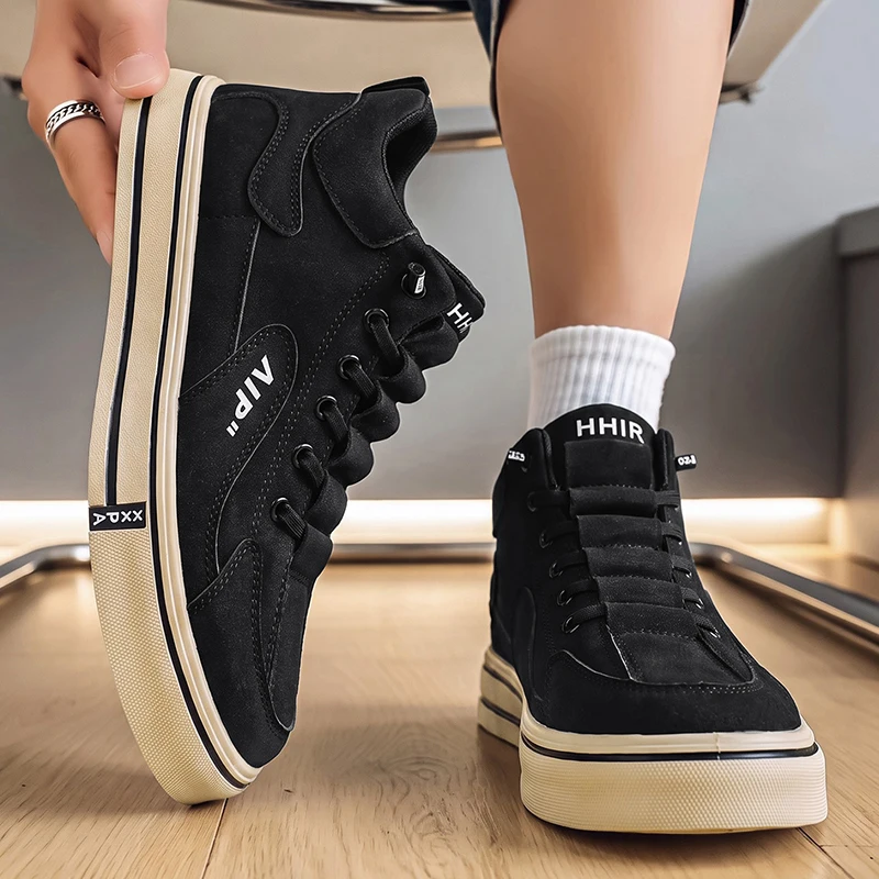 Mens Brushed Look Low Profile Sneakers Curved Stitched Heel Panel Inset Sidewall Plaque Cup Platform