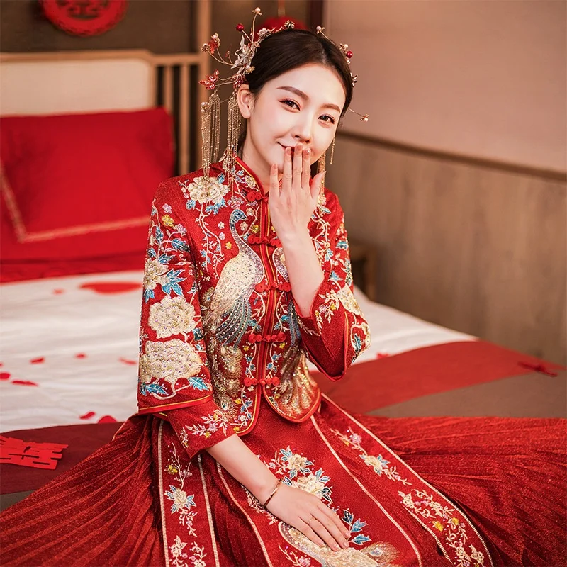 

Chinese Bridal Wedding Dress Peacock Plus Diamond 3/4 Sleeve Cheongsam Size es for Women 4xl 5xl 6xl Qipao