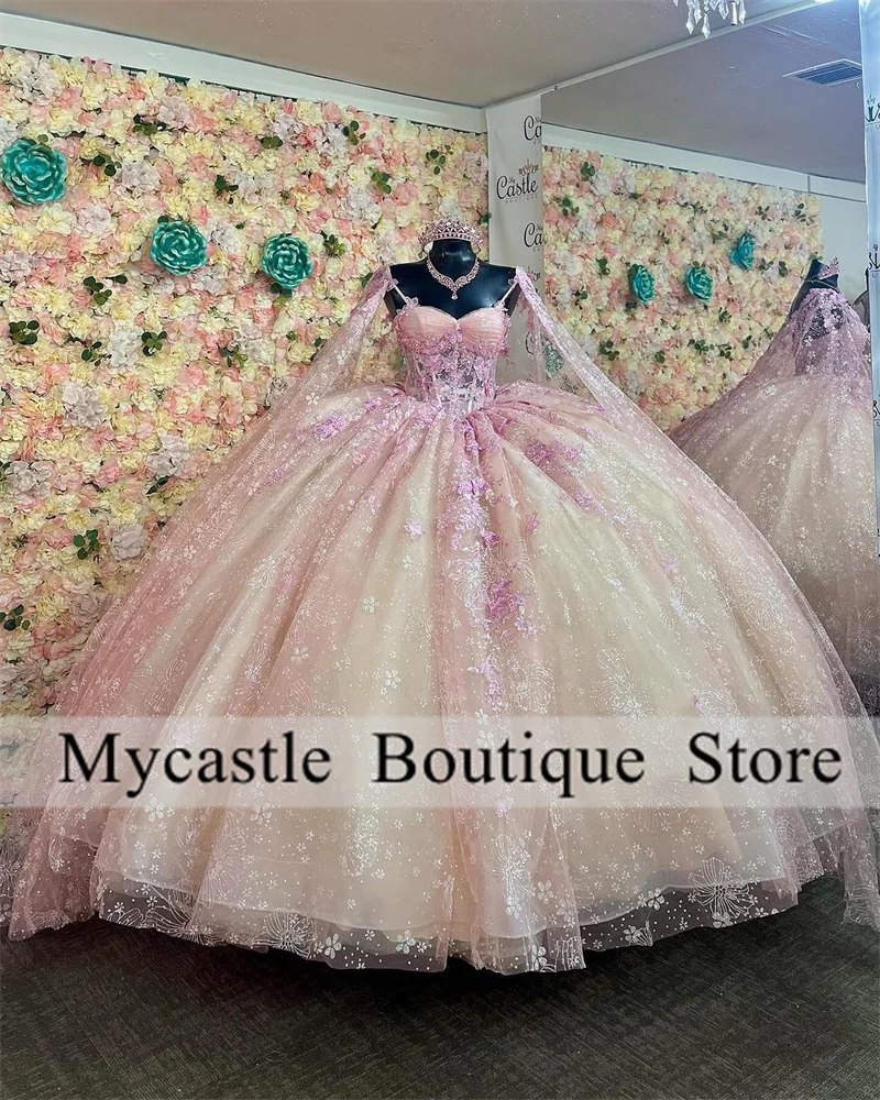 Baru kedatangan applique renda merah muda gaun Quinceanera gaun bola 2024 Meksiko dengan Cape bunga manis 16 gaun Vestidos De 15 Anos