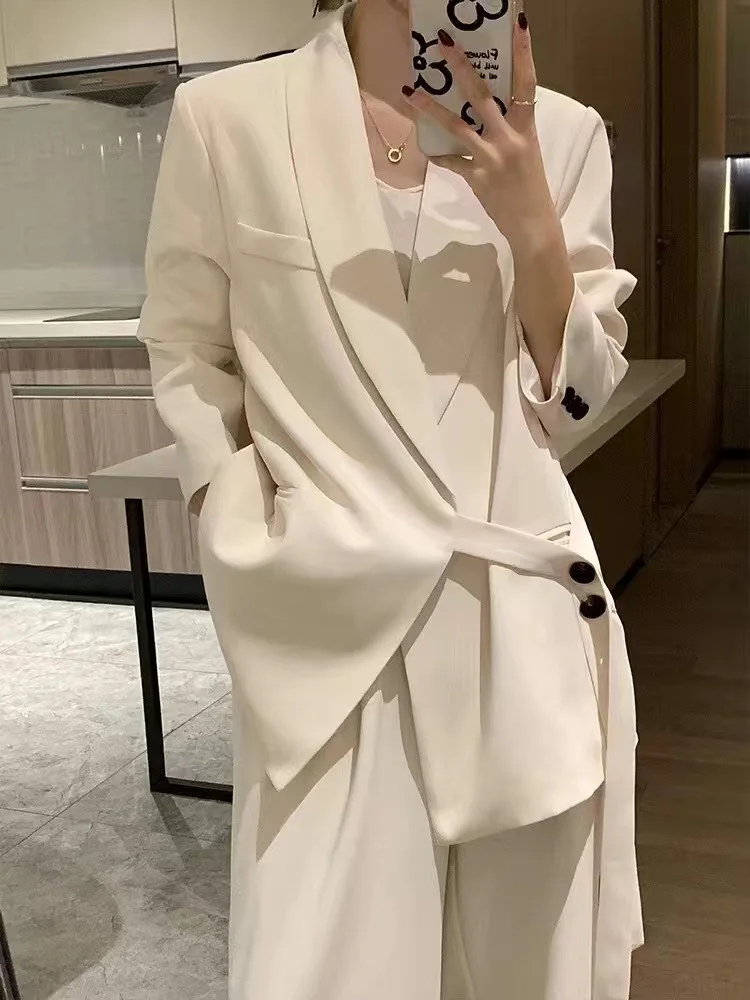 Two-Piece Sets for Women, Turn-down Collar, Long Sleeve, Lace-up Blazer, Coat + Wide Leg Loose Pant Suits, Monochromatic, Autumn