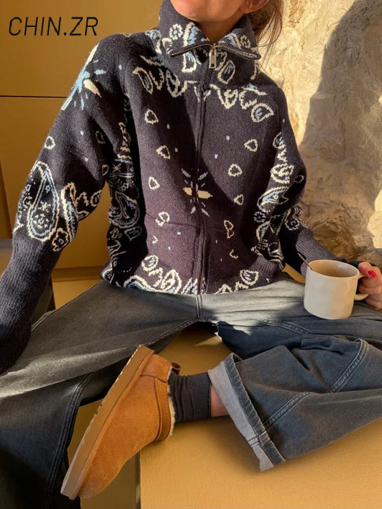 Boho Women's Knit Jacquard Cardigans Stand Collar Zipper Full Sleeve Female Sweater 2026 Autumn Lady Fashion Cozy Knitwear New