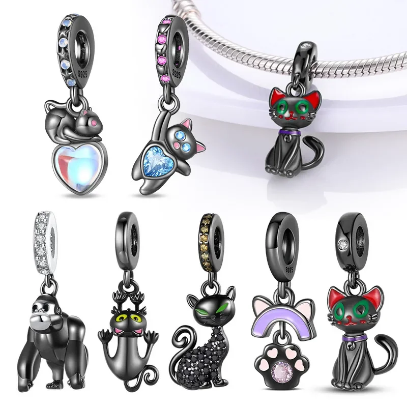 

Silver 925 Black Animal Cat Cute Paw Charm Pendant Beads making Charms Original Bracelet for Women Fine Jewelry DIY Gifts