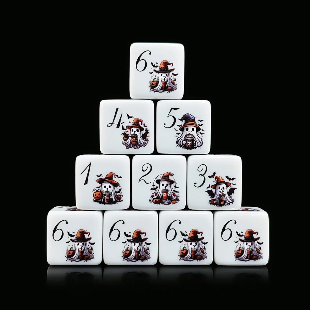 12Pcs 16MM D6 Printed Acrylic Halloween Witch Hat Ghost DND Dice 1-6 Sided Tabletop RPG Desktop Ornament Holiday Party Dice view 5