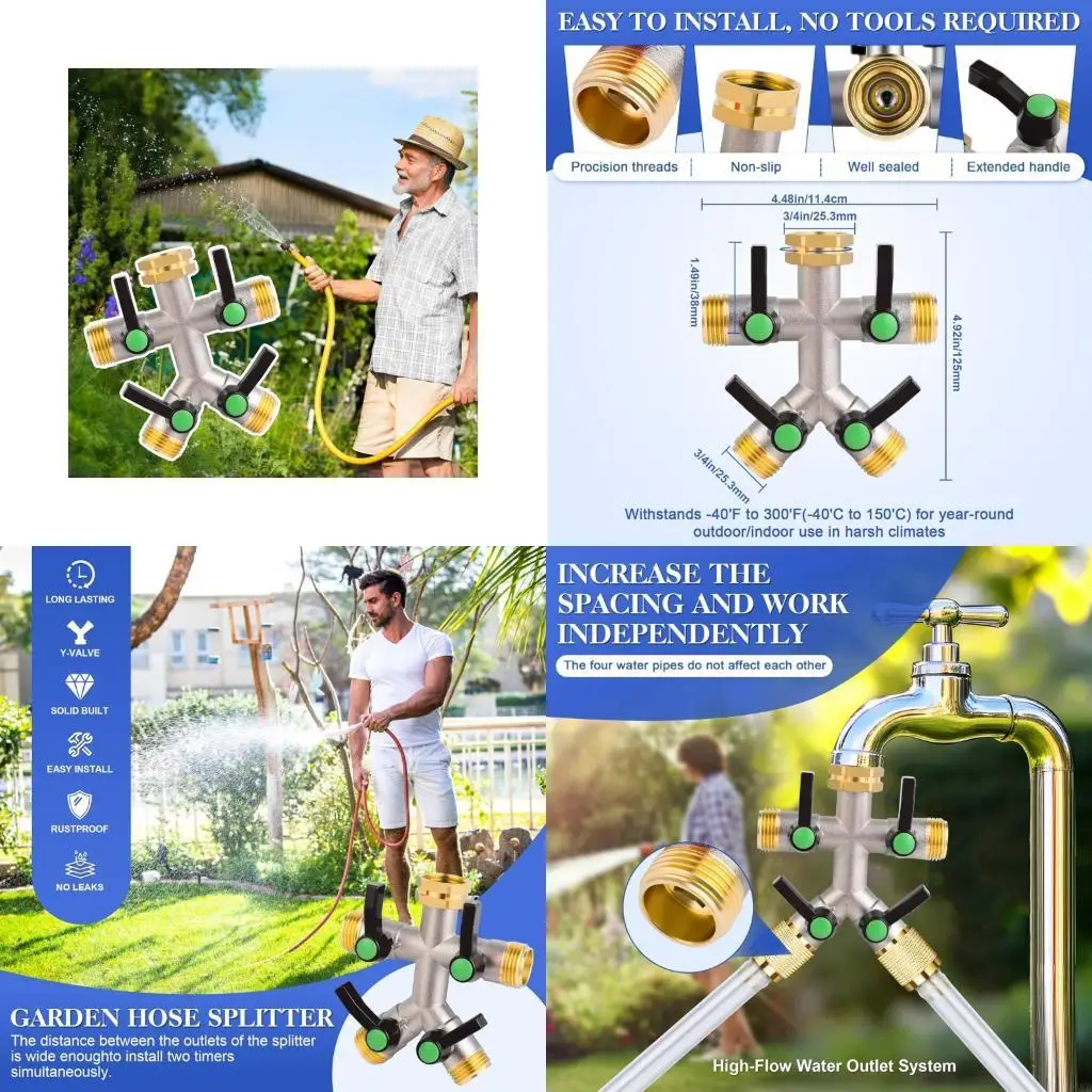 

UpgradesHeavy Duty 4 Way Garden Hose Splitter Brass Water Hose Divider with Increased Water Flows for Outdoor Use M4YD