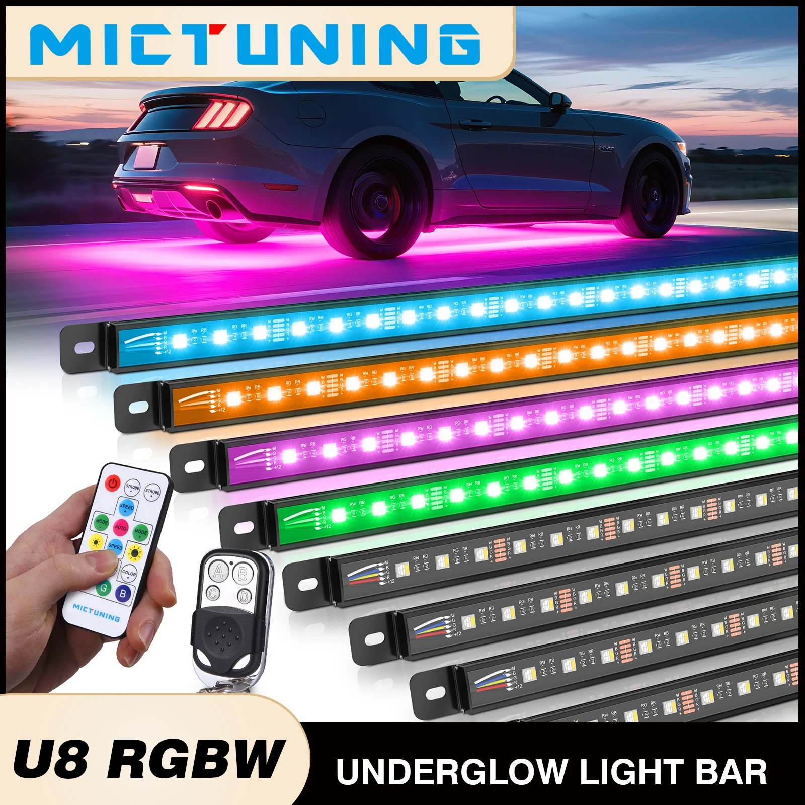 MICTUNING U8 RGBW Underglow LED Light Bars,888 Ultra-Bright LEDs,Dual Remotes Multicolor Underbody Light Strip,IP68 Waterproof