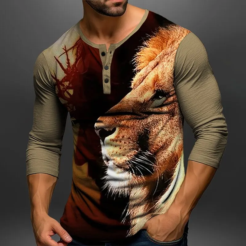 

3D Print Lion Pattern Men's Henley T-Shirt Autumn Fashion Casual Long Sleeve Pullover Funny Animal Graphic Henry Collar Male Top