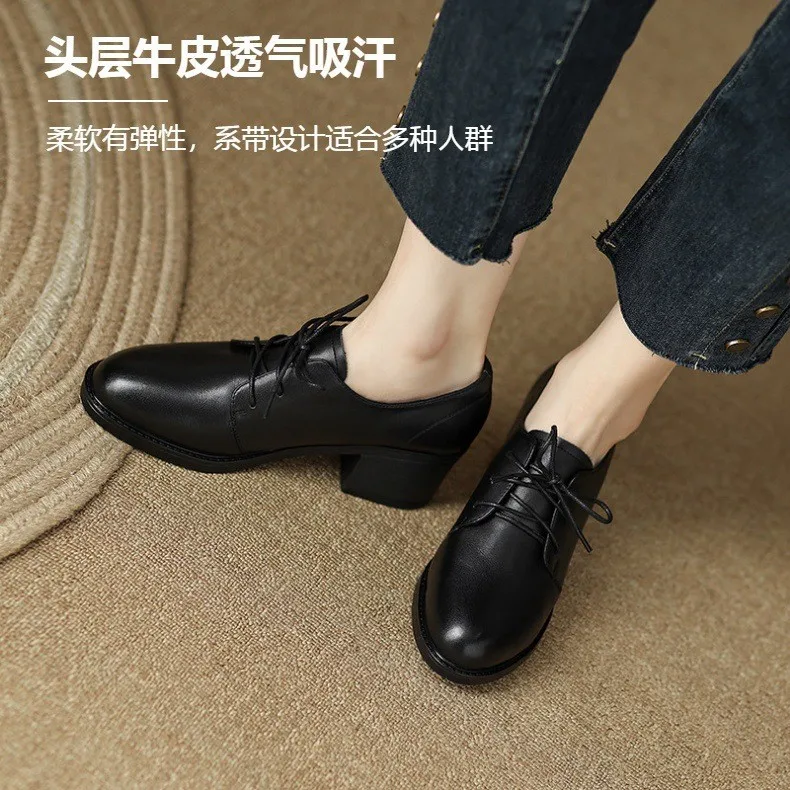 

Новые туфли на одной платформе с глубоким вырезом, мягкая кожа, на среднем толстом каблуке, деловые туфли большого размера, женская обувь на шнуровке с круглой головкой для отеля