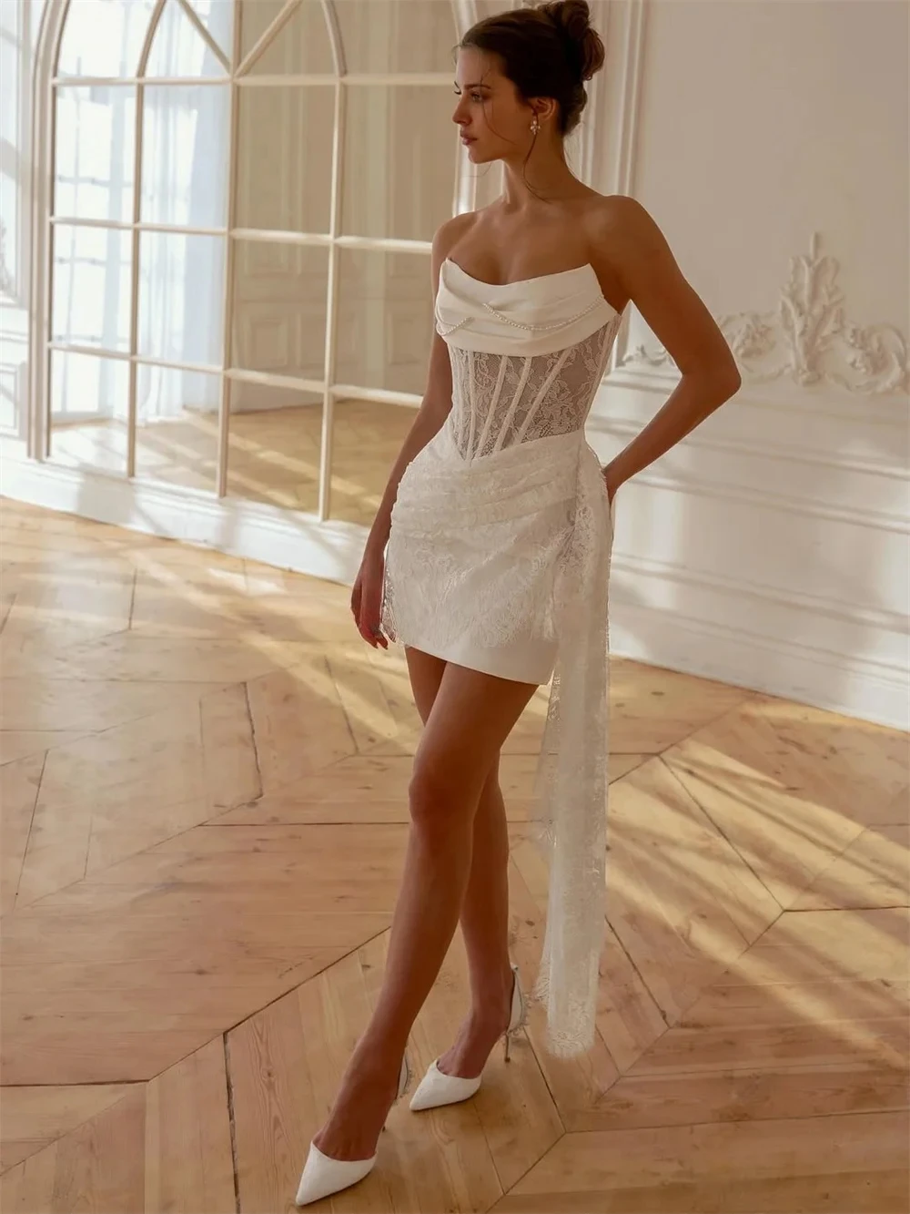 Customized Sweet Romantic Strapless Draped Neck Mini Bridal Dress Sheer Lace Corset Waist Long Lace Sash For Wedding Ceremony