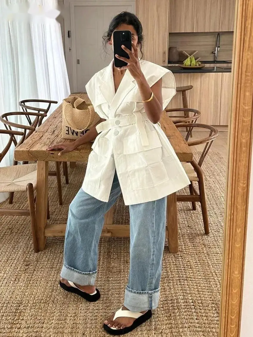 Camicia da donna in cotone bianco allentato alla moda Camicie eleganti senza maniche con risvolto Casual classico Solid Top Abbigliamento femminile MSY9