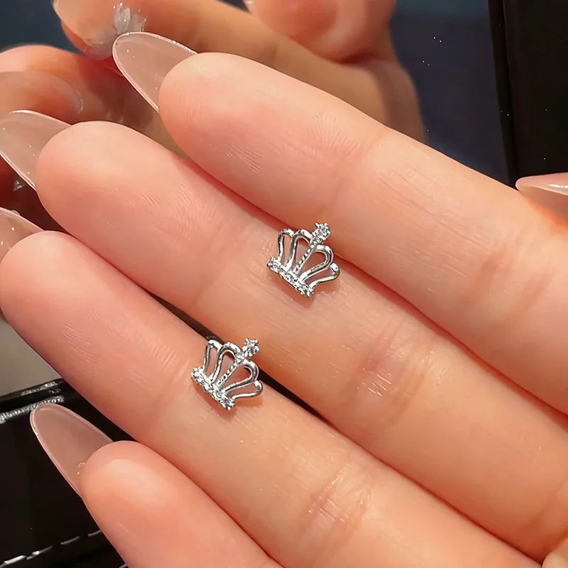 Trendy Silver Plated Zircon Crown Stud Earrings For Women Girls Valentine's Day Popular Jewelry Gift E1695