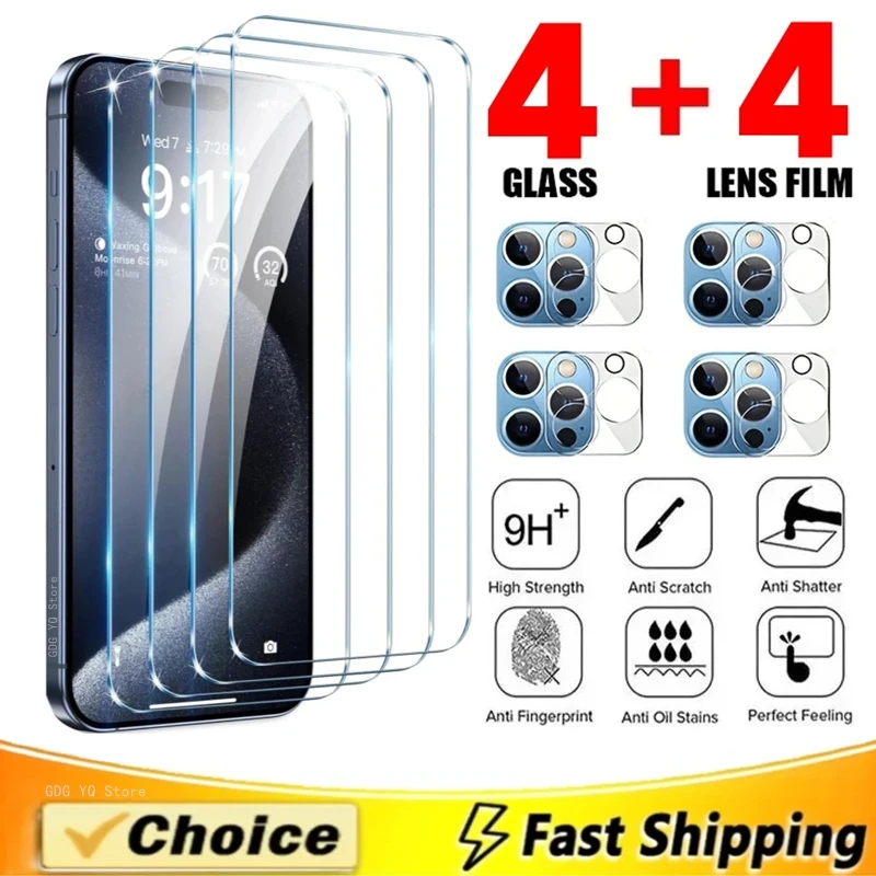 

4Pcs Tempered Glass Screen Protector With 4Pcs Camera Lens Protector Suitable For iPhone 15 11 12 13 14 Pro Max Mini Plus Series