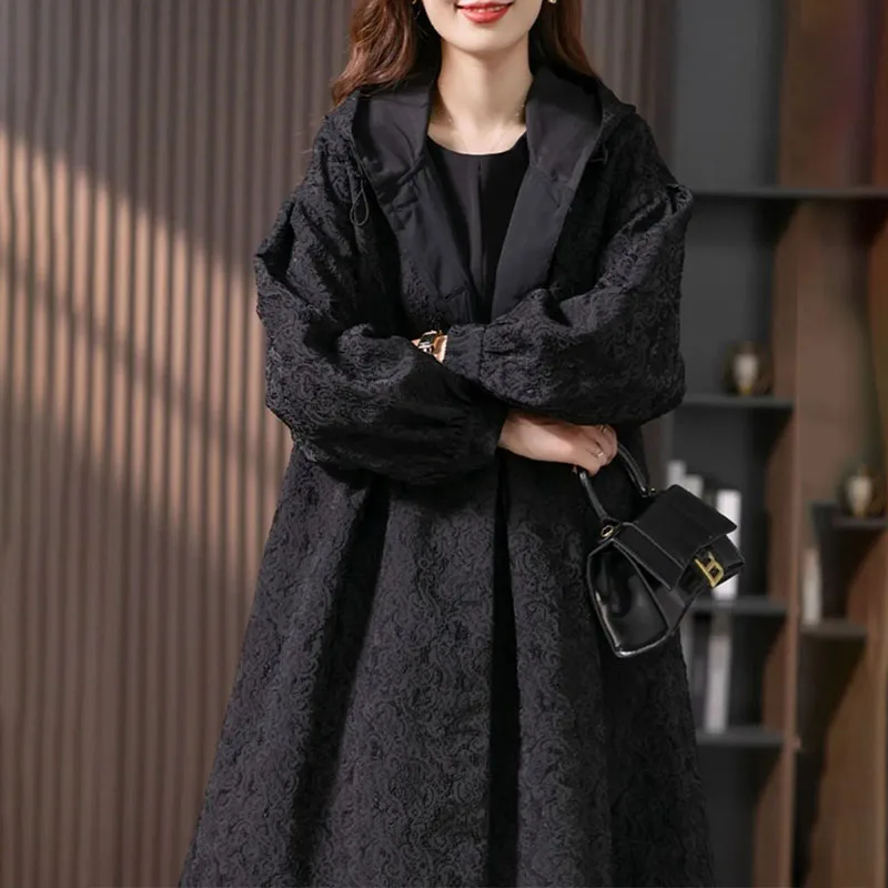 Black Jacquard Windbreaker Women\'s Long 2024 Spring Autumn New Casual Loose Coat Fashion Loose Outwear Hooded Trench Coat Female