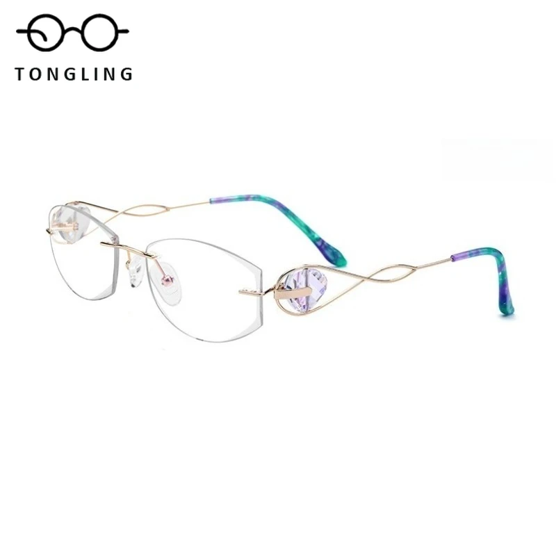 

Высококачественные модные женские деловые очки с синими кристаллами и алмазной огранкой, ультралегкие, из чистого титана, без оправы