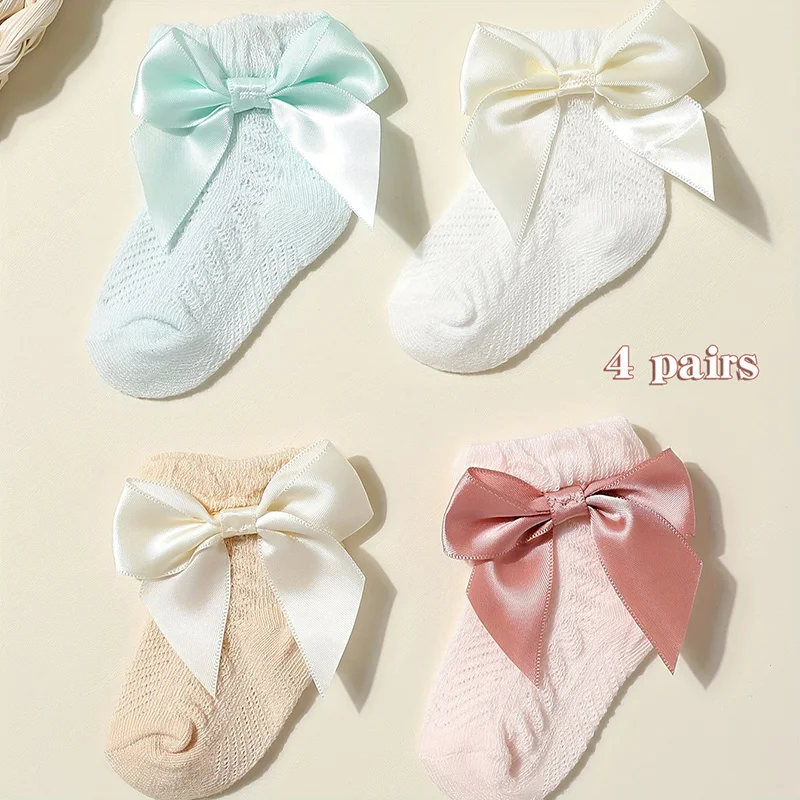 

4 пары детских носков с бантом, летние сетчатые чулки принцессы для девочек, впитывающие пот дышащие хлопковые носки для младенцев, обувь для новорожденных от 0 до 2 лет