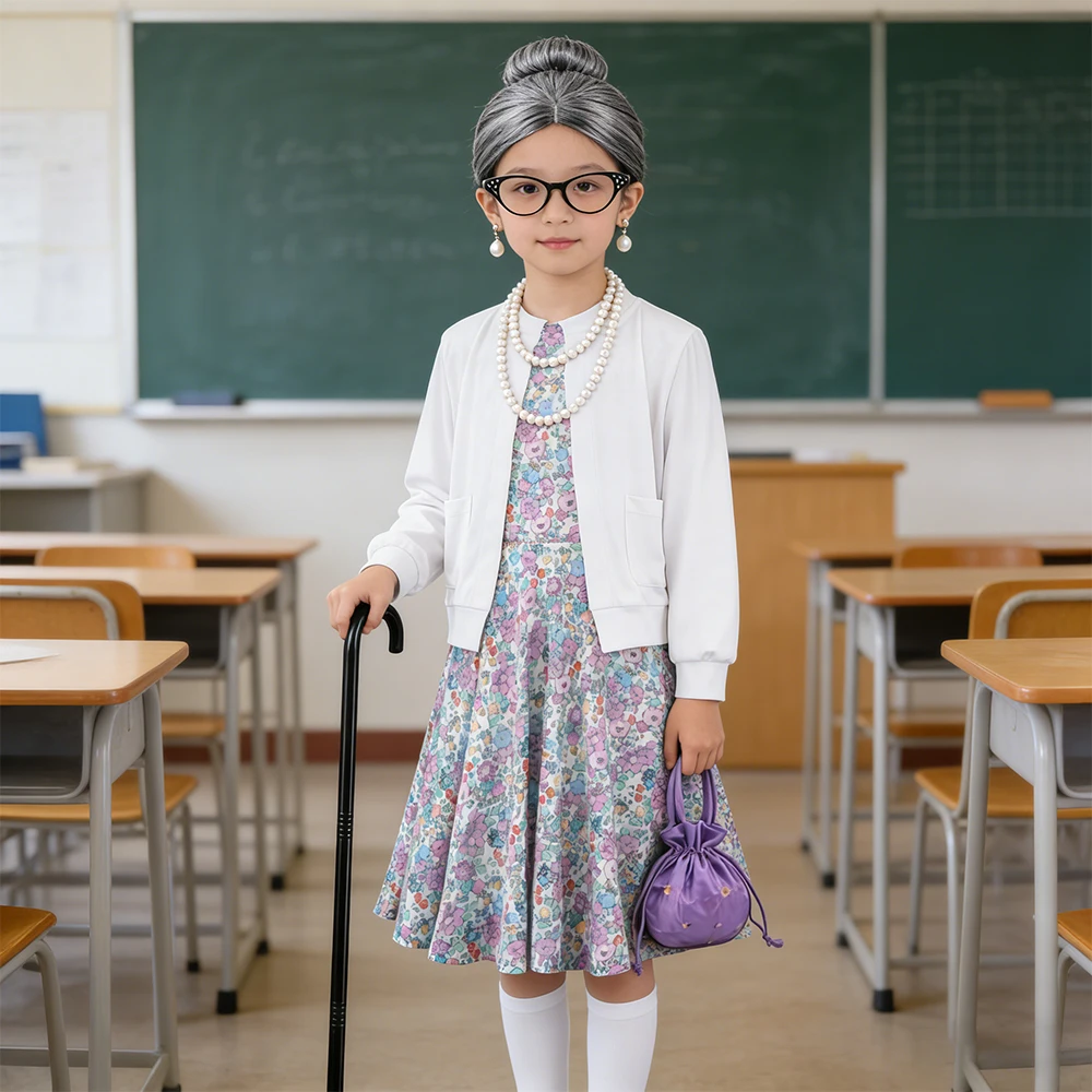 Disguise Theme Party Children Granny Grandma Dress Up 100 Days of School Girls Perform Costume Dress With Accessories Girl Dress