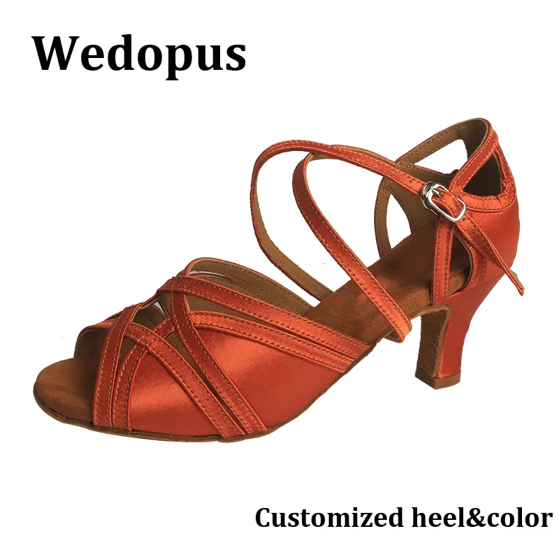 

Wedopus Customized Salsa Dancing Shoes Bronze Satin Suede Soft Sole Hills Dance Shoes Sandals Peep Toe