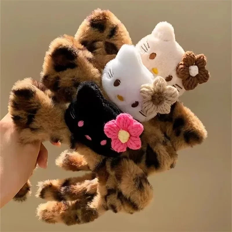 Sanrio Hello Kitty Plush Headband Cartoon Anime Hair Accessories Cute Cat Ears Leopard Print Girl Face Wash Makeup Headband