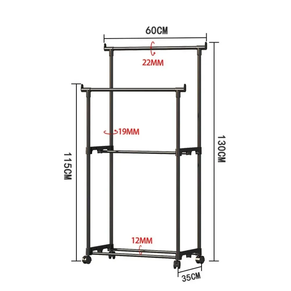 Double Rod Clothes Rack Floor Multifunctional Portable Hanger Storage Clothes Rack Movable Bedroom Shelf  With Wheel Coat Shelfs