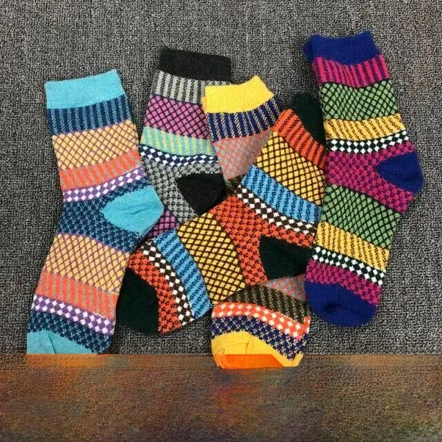  Wool Blend Mid-Calf Socks 5 Pairs Pack Men Women Ethnic Style Personality Diamond Pattern Home Comfort Stockings