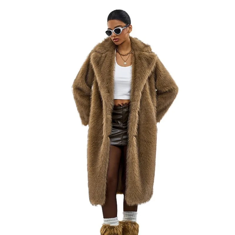 Artificial Wool Faux Fur Coat Women, Suit Collar, Extended Length, High Quality, Winter Clothing, Hot Sale, 2024