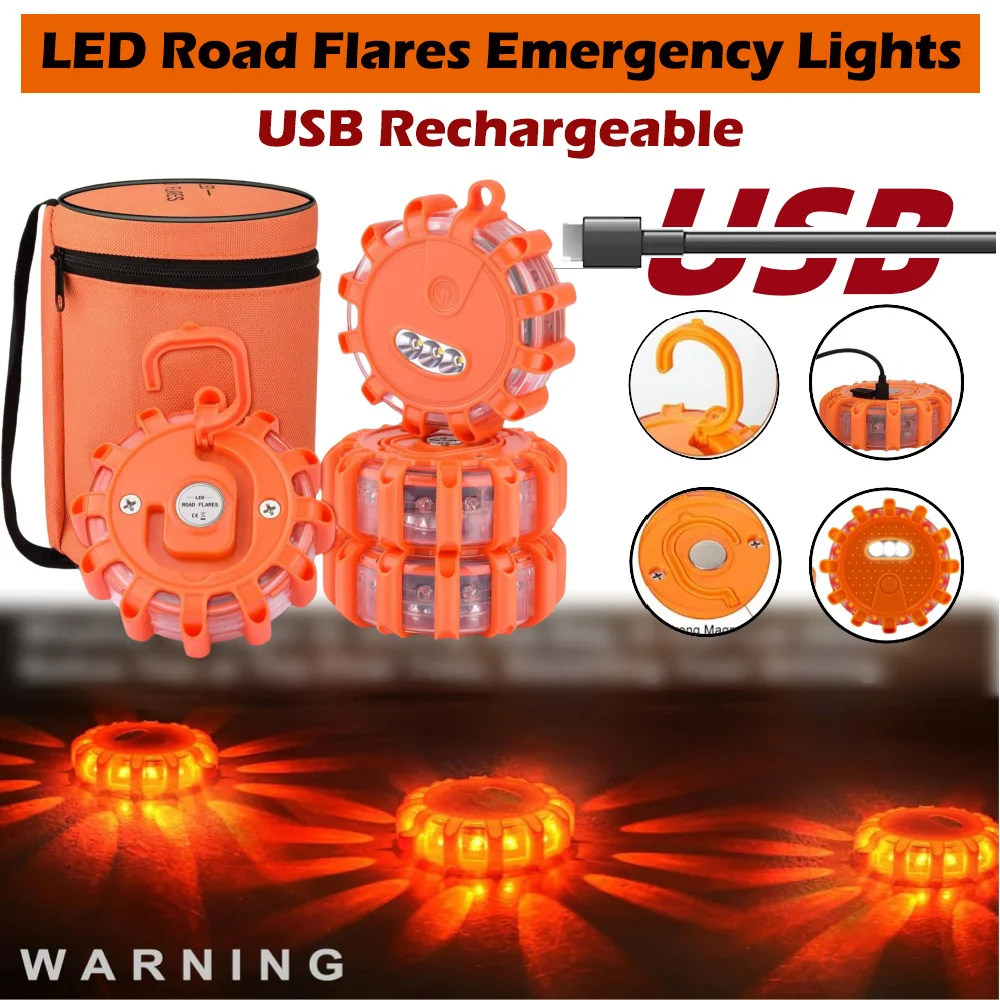 

USB Rechargeable LED Road Flares Emergency Lights Roadside Warning Car Safety Beacon Flashing Disc Flare Kit With Magnetic Base