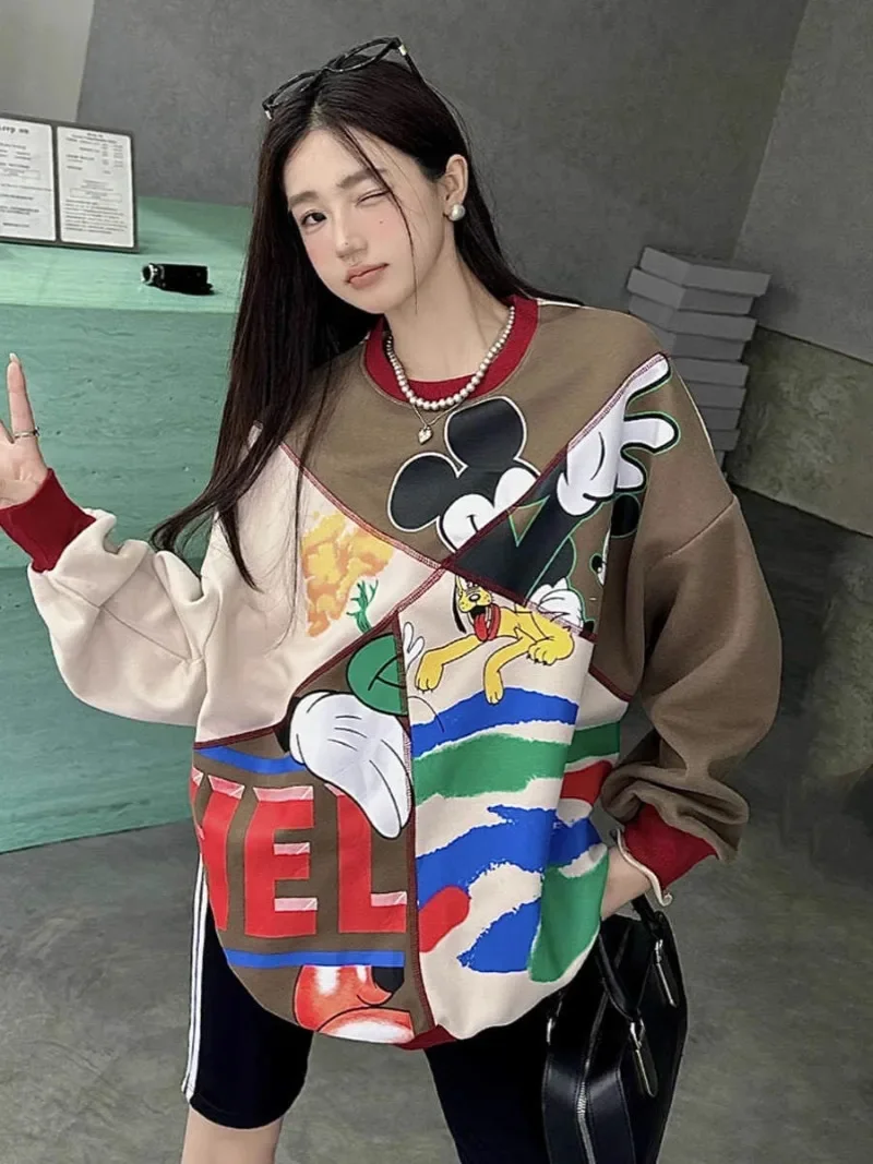 European Style Oversized Cartoon Fragment Colorblock Mid-Length Fashionable Sweatshirts Women's Mid-Length Loose Casual Hoodies