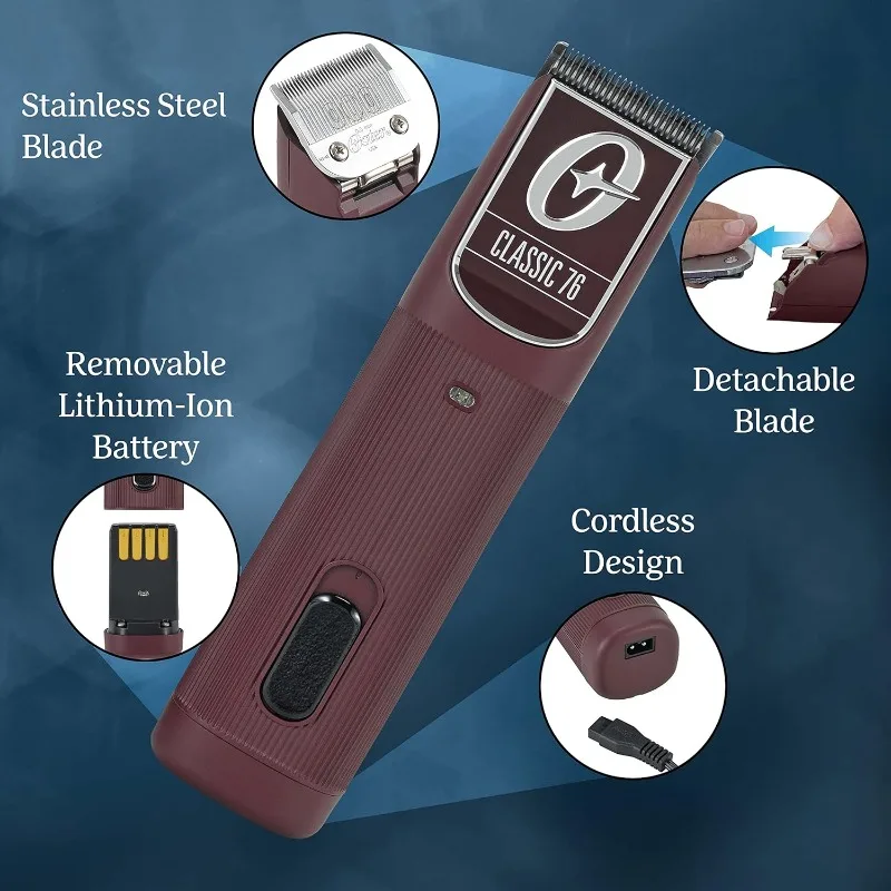 ماكينة قص الشعر اللاسلكية الاحترافية من أوستر، كلاسيكية 76 للحلاقين وقص الشعر بشفرة قابلة للفصل، عنابي