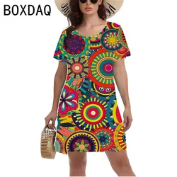 Vintage 3D Elements Cashew Pattern Dress Women Short Sleeve O-Neck Casual Mini Dress Big Size 3XL Kobieca sukienka A-Line Vestidos