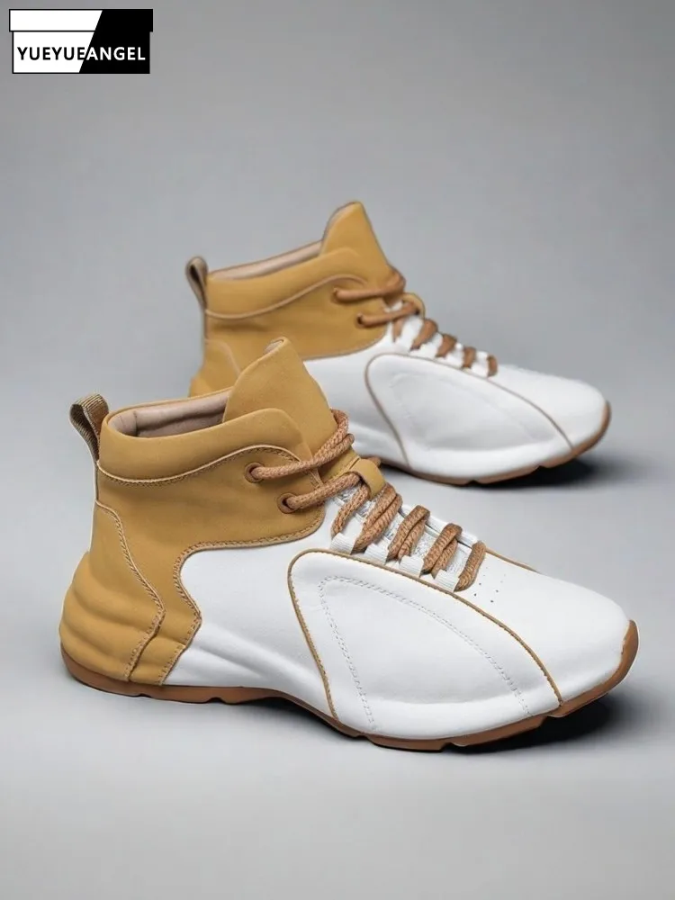 Mens Casual High Top Shoes Lace Up Round Toe Fashion Mixed Colors Autumn Winter Split Leather Fleece Liner Platform Sneakers