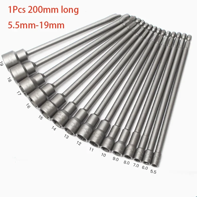 1Pcs Chrome Vanadium Steel Wind Turbine Sleeve Length 200mm Strong Magnetic Pneumatic Hexagonal Handle Sleeve Head 5.5-19mm