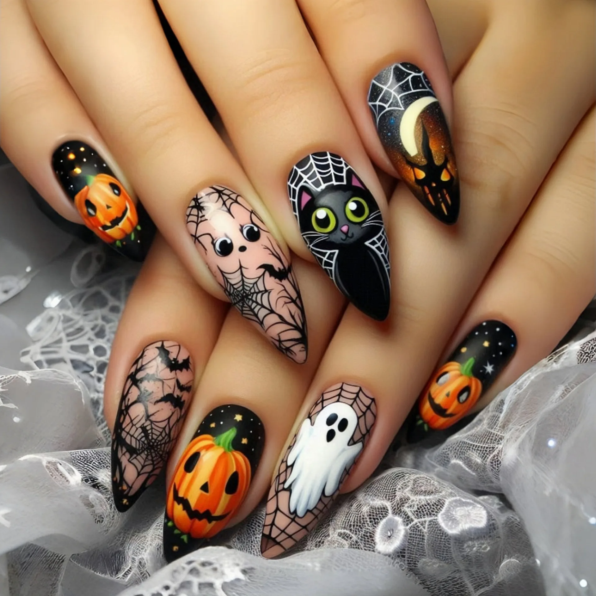 2025 Nieuwe Halloween Druk op Nagels Spider Wed Zwarte Kat Print Nep Nagel Tips Afneembare Wearable Europese Spice Girl Kunstnagels