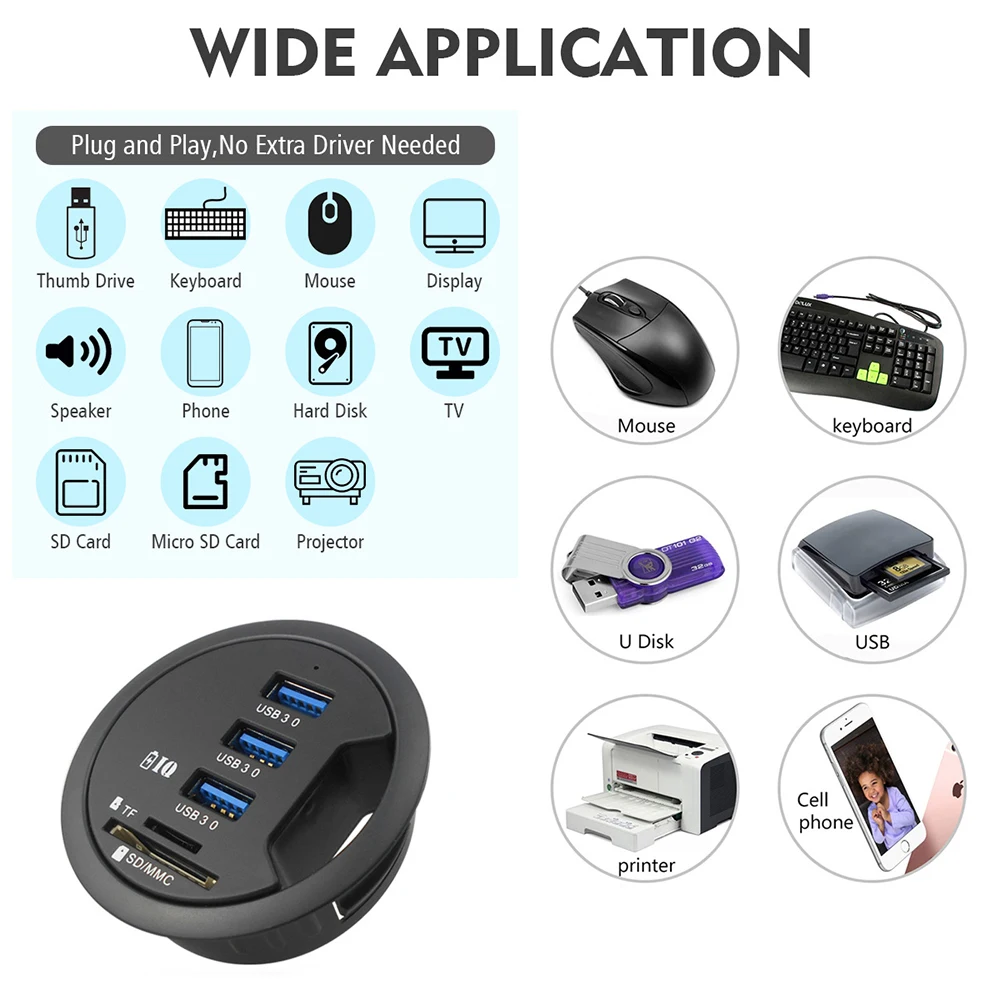 USB HUB Mount In Desk Multi USB 3.0 Ports SD/TF Headphone/Mircophone Type C Port  With Power Adapter 5V 2A  Hub Usb 3 0