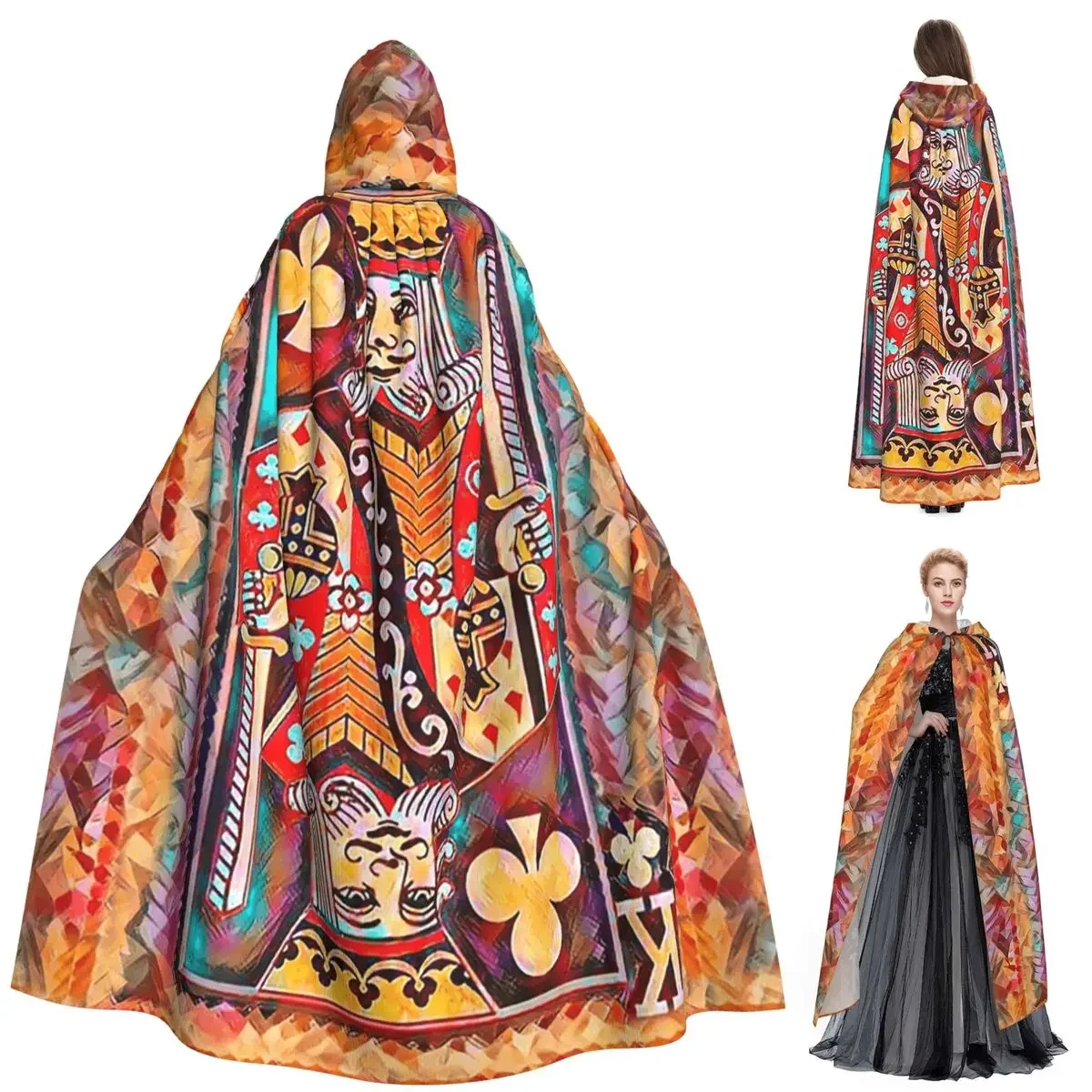 Custom King Of Clubs Poker Playing Card Long Hooded Cloak Witch Medieval Costume Cosplay Cape HalloweenVampire Adult Unisex