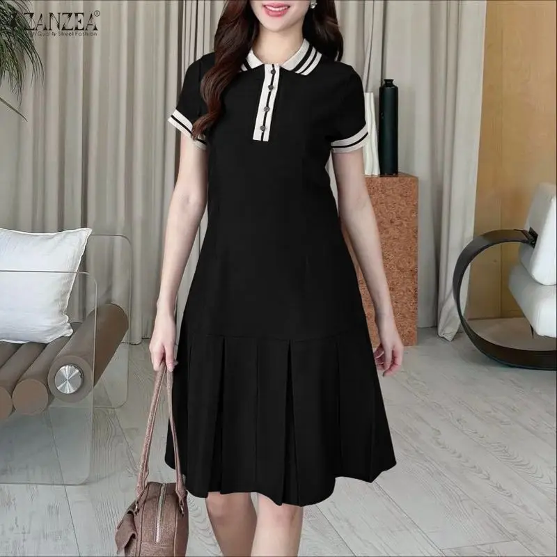 Vestito estivo di moda ZANZEA Donna Manica corta Abiti estivi Risvolto Elegante Patchwork Casual Allentato Camicia al ginocchio Abiti Robe