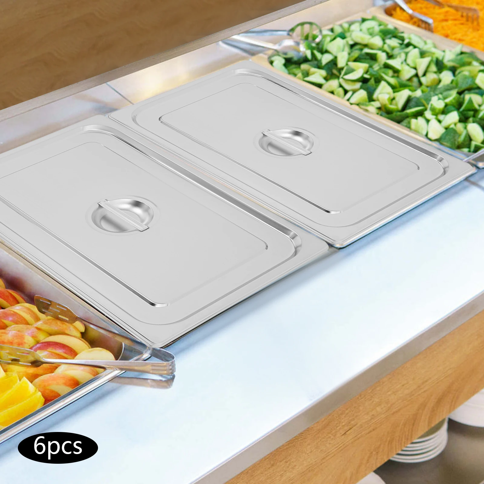 

6-Pack Stainless Steel Steam Pan Lids, 1/1 Size with Handles, Commercial & Home Use, Curled Edges for Better Seal