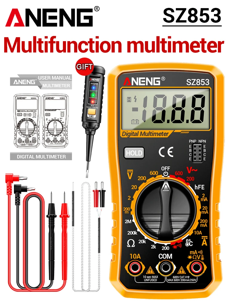 ANENG SZ853 Digitale Multimeter 6000 Counts AC DC Spanningsstroom Weerstandstester NCV Contactloze Spanning Gratis Cadeau B15 Testpen