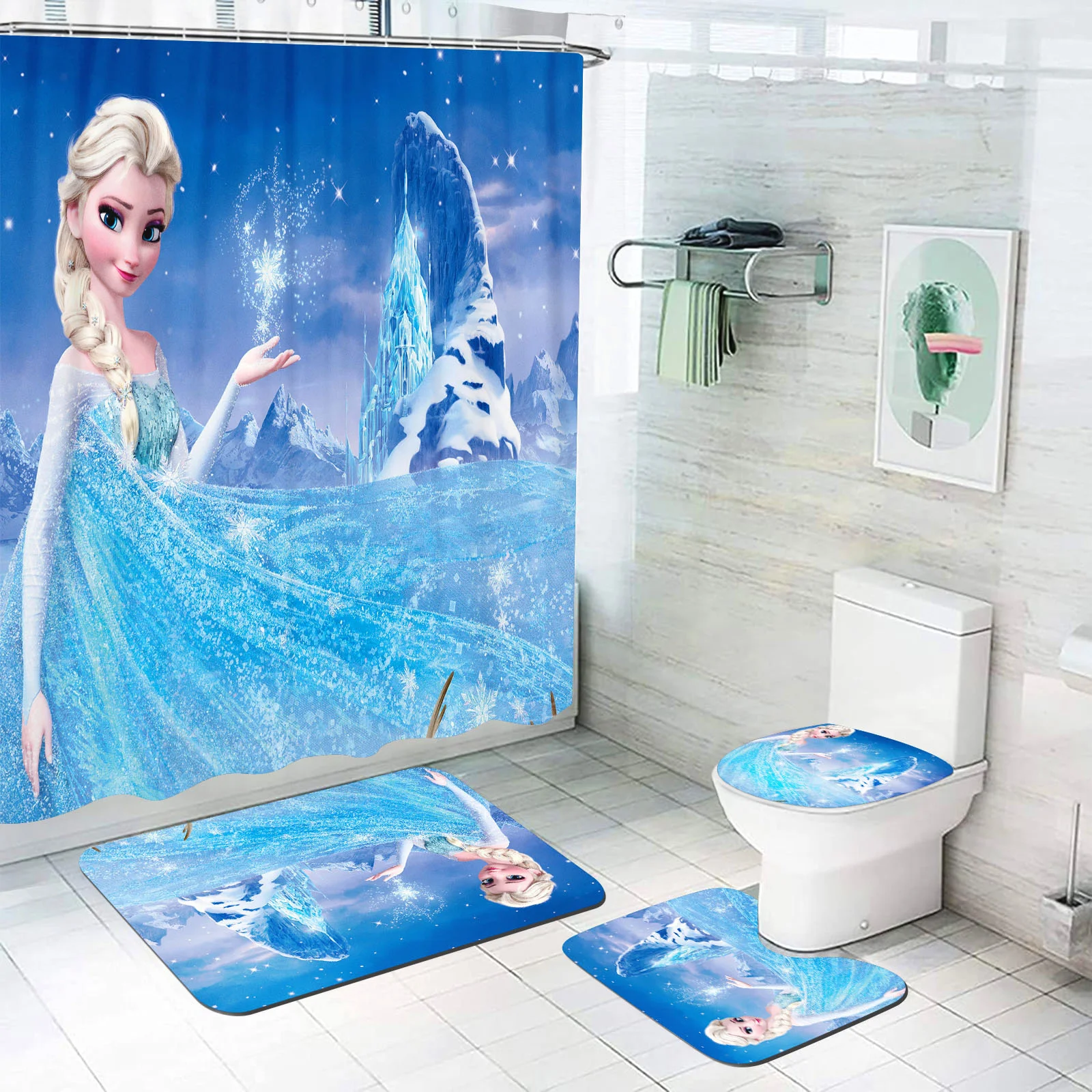 Frozen, Princess Elsa  Bathroom Shower Curtain Accessories Bathroom 4 Piece Set Mats And Curtains Home Decor  Cartoon Cute Anime