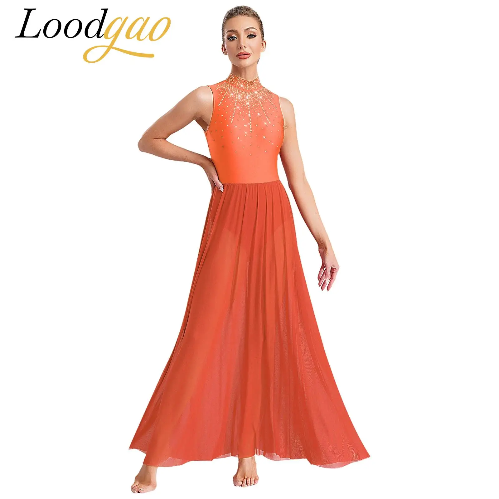 

Women Lyrical Dance Costume Ballroom Modern Dancewear Sheer Mesh Maxi Ballet Dance Leotard Dress Adults Figure Skating Dress