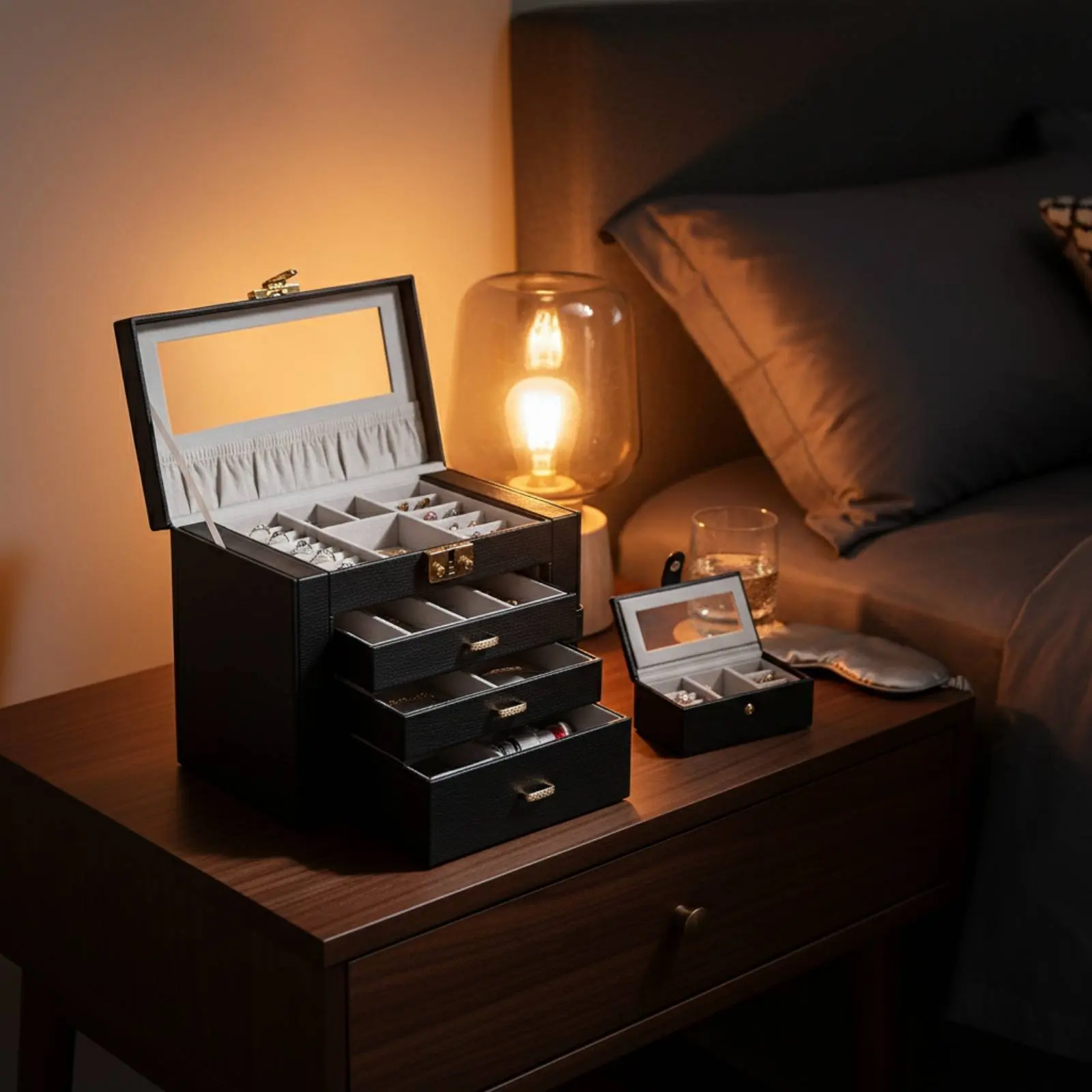 

Multi-Tier Jewelry Box Soft Luxurious Lining Multi-Drawer Jewelry Case Removable Dividers Anti-Knot Necklace Hangers for Bedroom