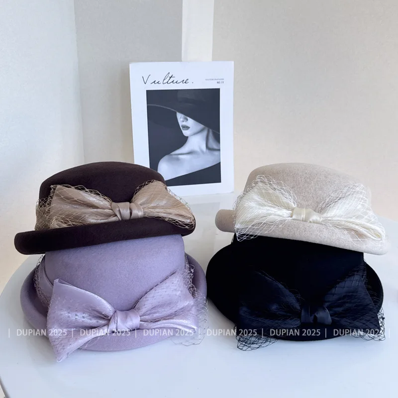 Hepburn small fragrant wool basin hat Autumn winter simple elegant bow fisherman hat women's banquet top hat