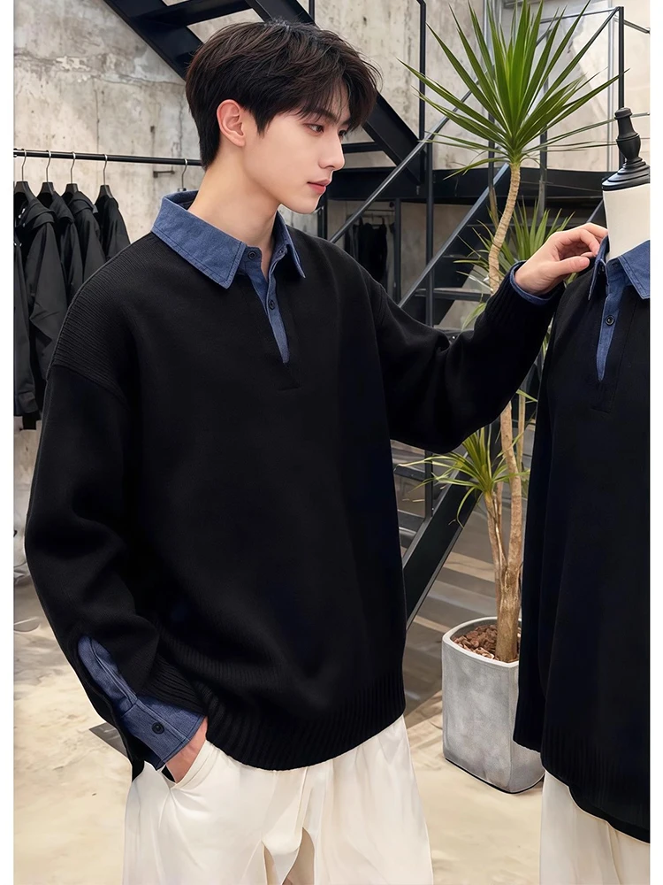 

American Sle Thiened Fake Two-Piece Knitwear Casual Men's Winter irt Collar Inner Wear Base Layer Casual Leisure Top