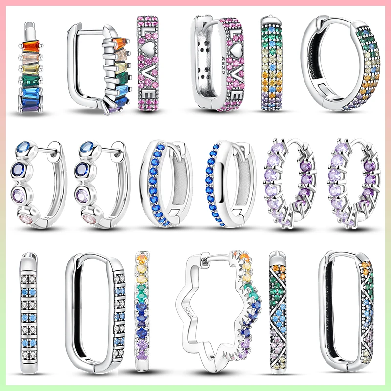 

925 Silver Sparkling Colorful Zircon Pink Heart Shape Star Moon Earrings For Women Wedding Engagement Jewelry Gift