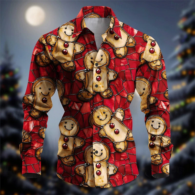 Ginger Bread Printed Shirts Men Christmas Clothing Long Sleeve Button Shirt Cute Gingerbread Food Pattern Festival Trend Blouse