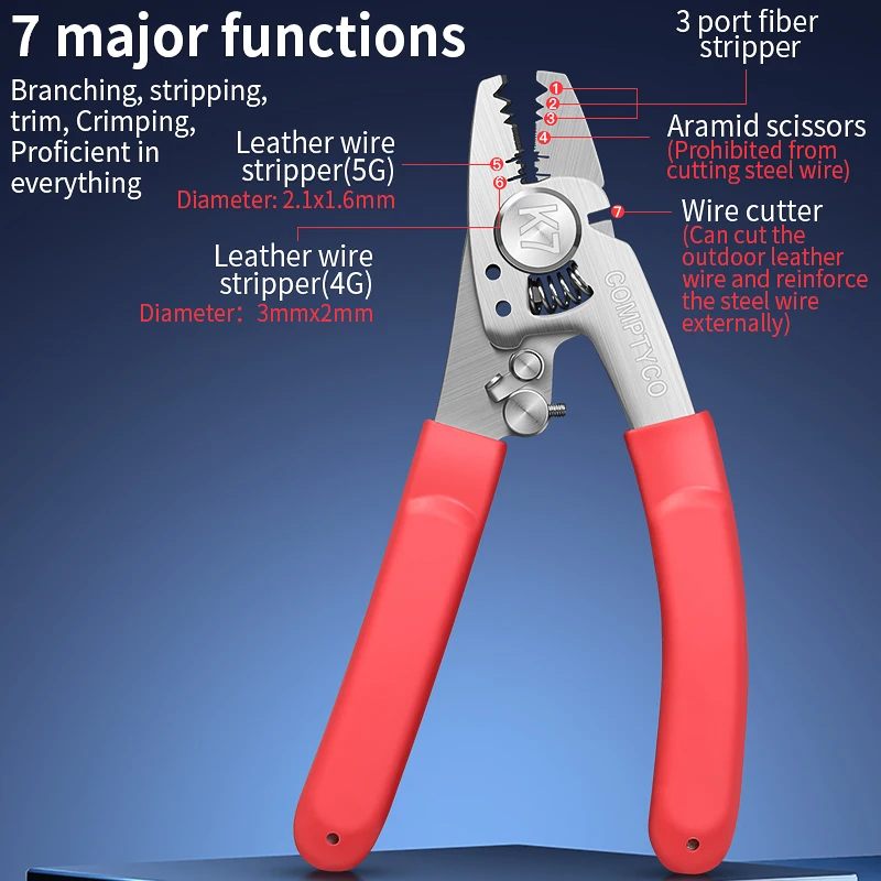 COMPTYCO K7 Stainless Steel Fiber Stripper Multifunctional Fiber Optic Pliers FTTH Stripper Optical Fiber Wire Cutter Tool 7in1