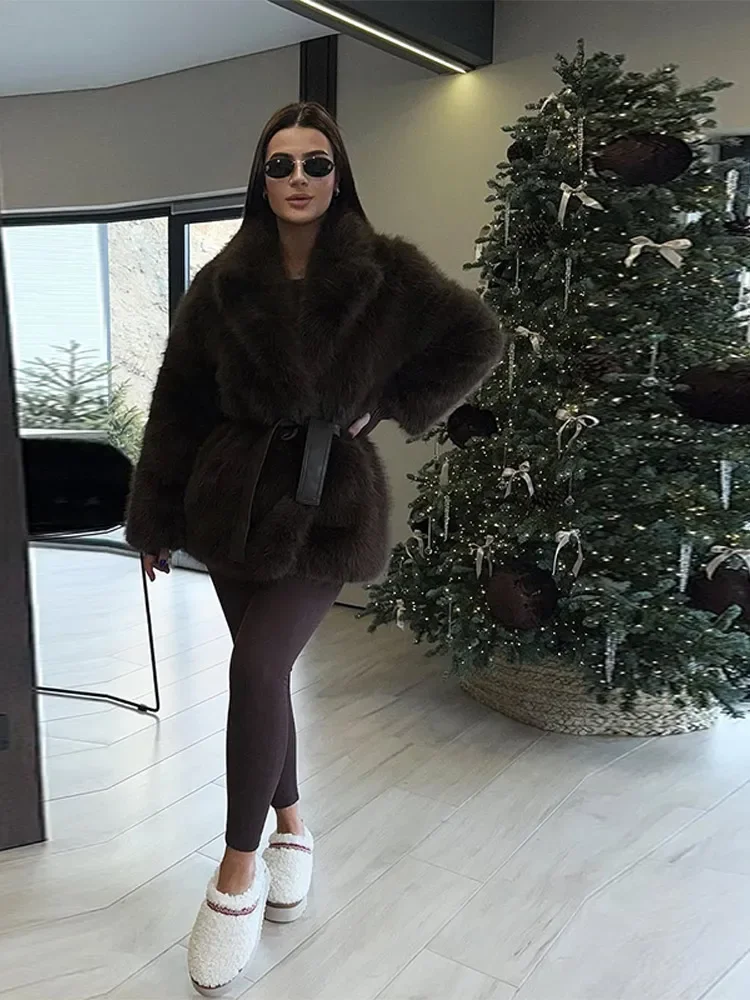 2025 Winter Pluizige Nepbont Lange Jassen Met Riem Vrouwen Chic Revers Dikke Warmte Jas Elegante Straat Dame Volledige Mouw Bovenkleding