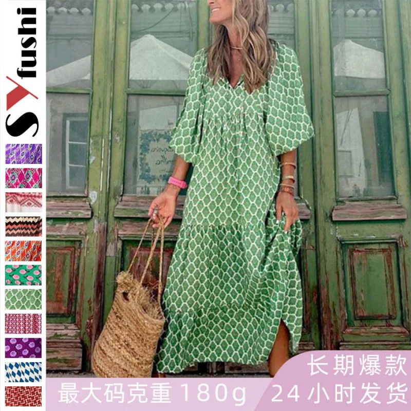 

New Women's Loose Fashion BohemianvCollar Lantern Sleeve Temperament Printed Dress Long Dress